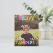 Verjaardagskaart met feestdier en aangepaste foto briefkaart (Staand voorkant)