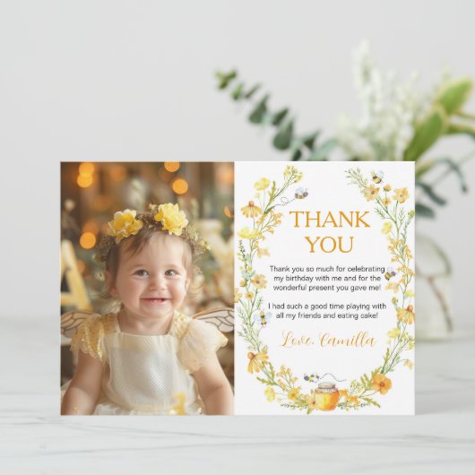 Verjaardagskaart met foto om te bedanken honingbij bedankkaart (Staand voorkant)