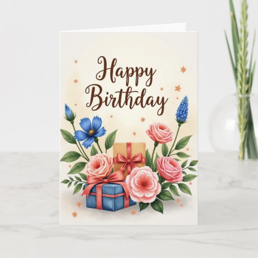 Verjaardagskaart met geschenken uit script kaart (Voorkant)