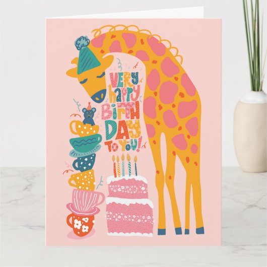 Verjaardagskaart met gevouwen giraffe-theepartij kaart (Voorkant)