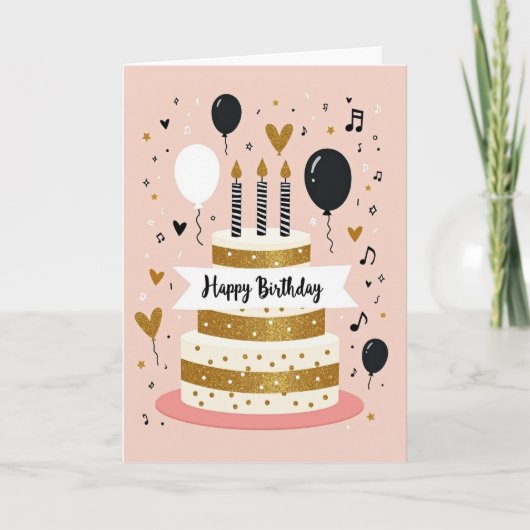Verjaardagskaart met glittercake kaart (Voorkant)