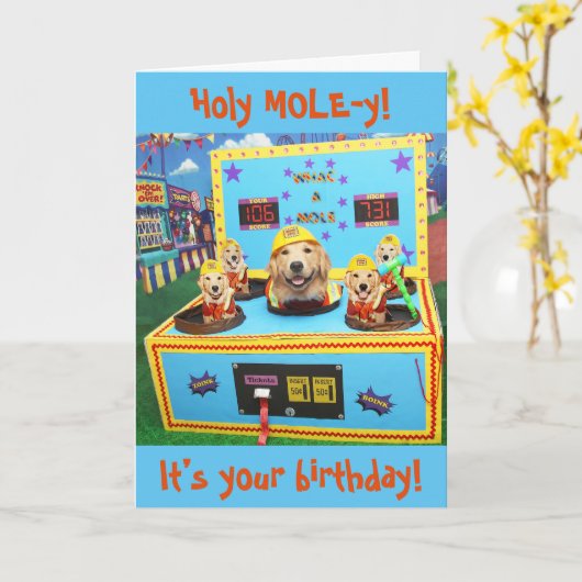 Verjaardagskaart met Golden Retriever Whac A Mole Kaart (Gele Bloem)