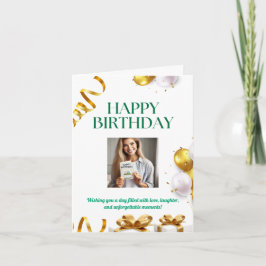 Verjaardagskaart met gouden ballonnen, cadeaus en