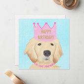 Verjaardagskaart met gouden retriever-prinses notitiekaartje (Voorkant / Achterkant in situ)
