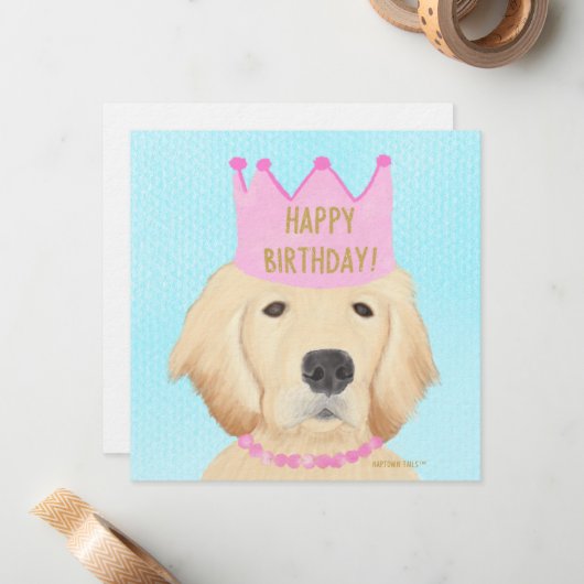 Verjaardagskaart met gouden retriever-prinses notitiekaartje (Voorkant / Achterkant in situ)