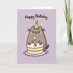 Verjaardagskaart met grijze kat en cake kaart