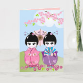 Verjaardagskaart met Japanse poppen en kersenbloes Kaart (Voorkant)