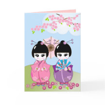 Verjaardagskaart met Japanse poppen en kersenbloes