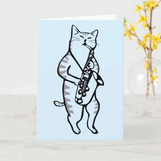 VERJAARDAGSKAART MET KAT DIE SAXOFOON SPEELT KAART (Gele Bloem)