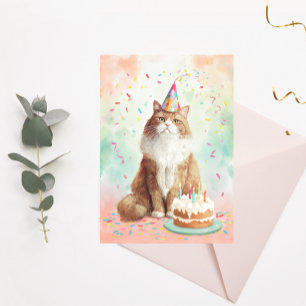 Verjaardagskaart met kat – Malle feestkat met cake Briefkaart