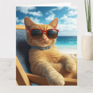 VERJAARDAGSKAART MET KAT OP HET STRAND KAART