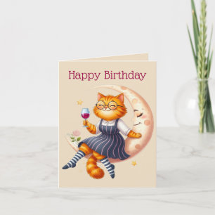 Verjaardagskaart met kater en wijn kaart