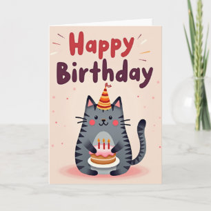 Verjaardagskaart met kattenfiguur en cake kaart