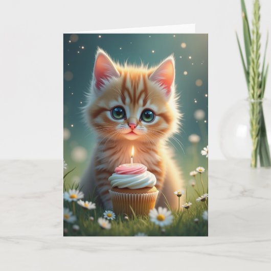 Verjaardagskaart met Kitten Cupcake Kaart (Voorkant)