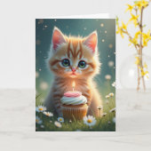 Verjaardagskaart met Kitten Cupcake Kaart (Gele Bloem)