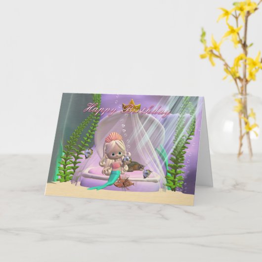 Verjaardagskaart met kleine zeemeermin en visvrien kaart (Gele Bloem)