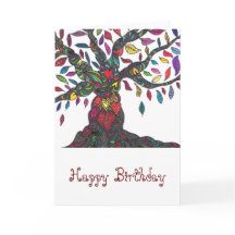 Verjaardagskaart met kleurrijke bomen en harten