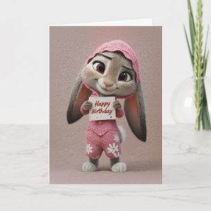 Verjaardagskaart met knuffelkonijn in roze romper kaart
