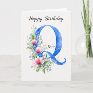Verjaardagskaart met letter Q, naam, haar blauwe m Kaart