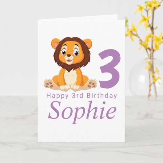 Verjaardagskaart met leuk leeuwenmeisje kaart (Gele Bloem)