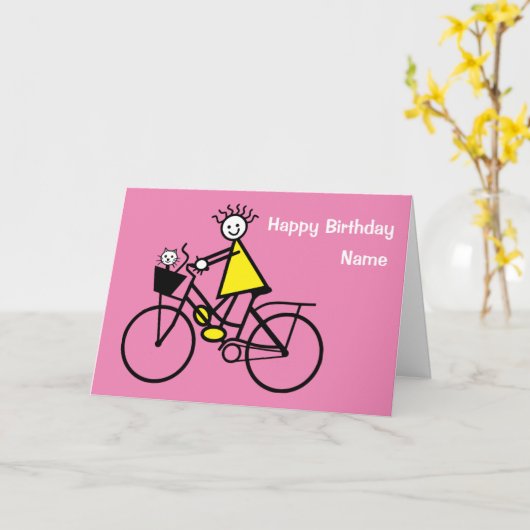 Verjaardagskaart met leuk meisje op fiets met kat kaart (Gele Bloem)