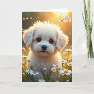 Verjaardagskaart met lieve puppy in het veld kaart