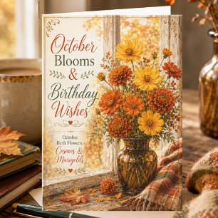 Verjaardagskaart met oktobergeboortebloemen aan he kaart