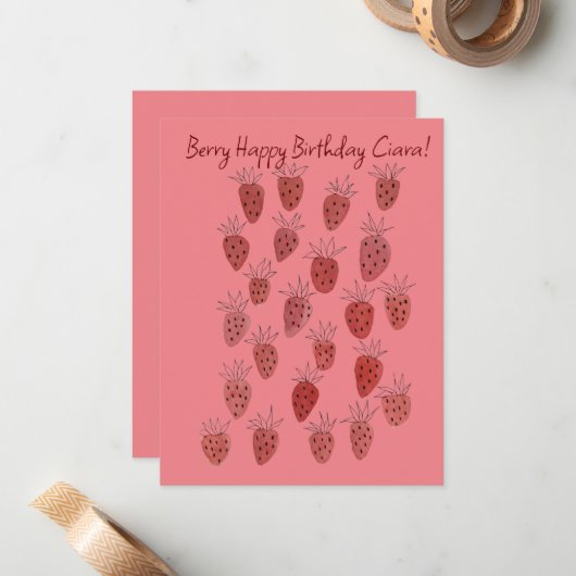 Verjaardagskaart met ondeugende aardbei motief notitiekaartje (Voorkant / Achterkant in situ)