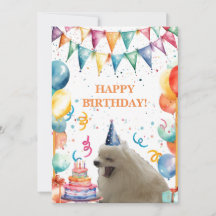 Verjaardagskaart met pup, cake en ballonnen