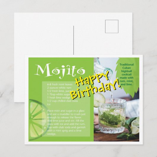 Verjaardagskaart met recept voor Mojito Cocktail Briefkaart (Voorkant / Achterkant)