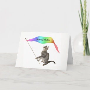 Verjaardagskaart met regenboogbanner en kat kaart