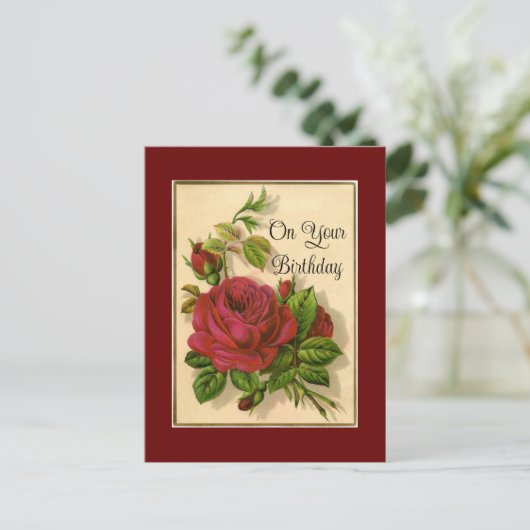 Verjaardagskaart met rode rozen briefkaart (Staand voorkant)