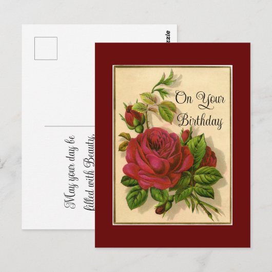 Verjaardagskaart met rode rozen briefkaart (Voorkant / Achterkant)