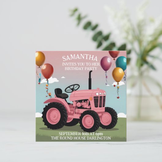 Verjaardagskaart met roze tractor kaart (Staand voorkant)