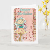 verjaardagskaart met schattig elf op paddenstoel kaart (Gele Bloem)