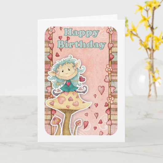 verjaardagskaart met schattig elf op paddenstoel kaart (Gele Bloem)