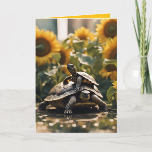 Verjaardagskaart met schildpadden en zonnebloemen feestdagen kaart