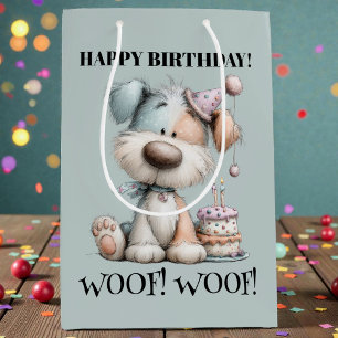 Verjaardagskaart met speelse hond in waterverf medium cadeauzakje