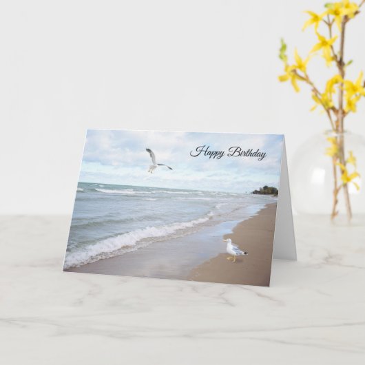 Verjaardagskaart met strand en meeuwen kaart (Gele Bloem)