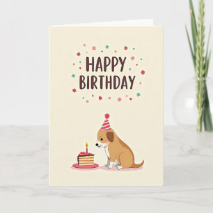 Verjaardagskaart met taart en speelse hond kaart