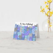 Verjaardagskaart met veel blauwe en paarse katten kaart (Gele Bloem)
