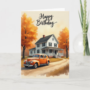 Verjaardagskaart met vintage herfstauto kaart