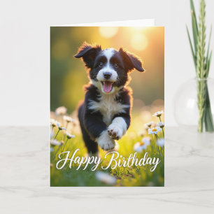 Verjaardagskaart met vrolijke puppy sprong kaart