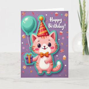 Verjaardagskaart met vrolijke roze kat kaart