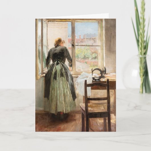 Verjaardagskaart met vrouw en naaimachine. feestdagen kaart (Voorkant)