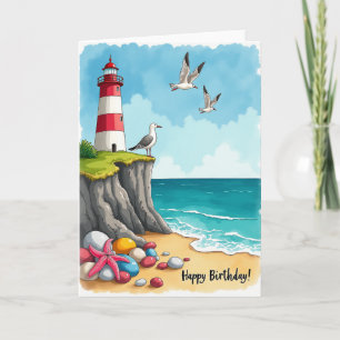 Verjaardagskaart met vuurtoren aan de kust kaart