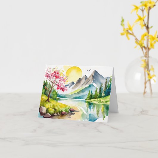 Verjaardagskaart met watercolor berg landschap kaart (Gele Bloem)