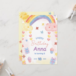 Verjaardagskaart met waterverf regenboog, zon en w kaart