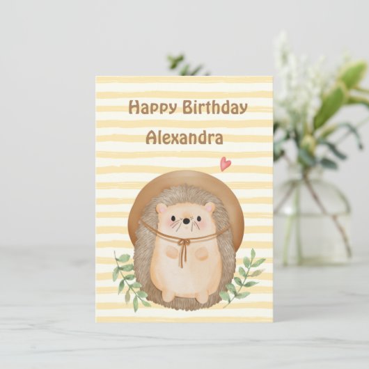 Verjaardagskaart met wilde egel met strepen (Staand voorkant)