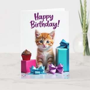 Verjaardagskaart met zoete gestreepte kitten kaart
